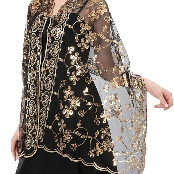 Shawls and Wraps for Evening Dresses,Women Formal 1920s Sequin Flower Sheer Shaw - Picture 5 of 8